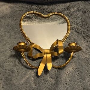 Vintage HOMCO Hollywood Regency Brass Tone Heart With Bow Wall Sconce and Mirror